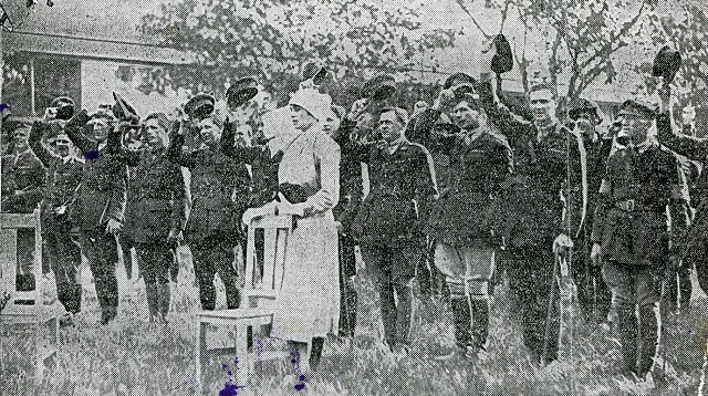 Standing at the front behind a chair is Sister Gertrude H. Faddy. The occasion was the Investiture Ceremony in October 1919 at which Sister Gertrude and others in the picture received their military awards for service in World War 1 (1914-1918). The picture shows them giving three cheers to His Majesty the King (George V). In an act of chivalry, Sister Gertrude, being the only female on parade, was provided with a chair to sit on at the front of the parade. She politely refused and opted to stand with the rest of the officers and men she cared for during the war. (Picture above was taken from the Sunday Times, 12 Oct 1919)